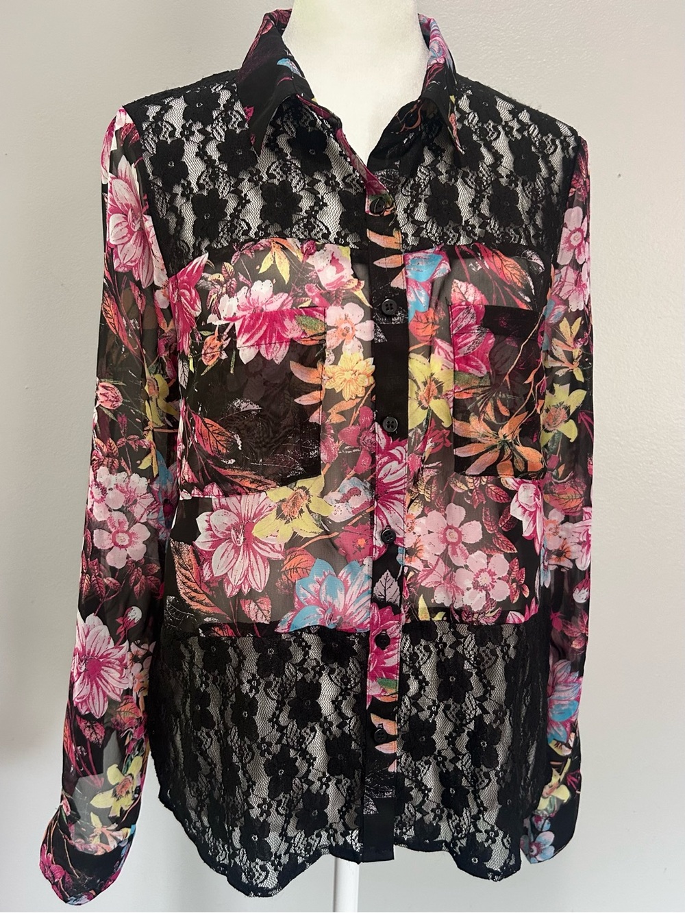 Vintage BONGO Black Floral Sheer Lace Button-Down Blouse Shirt Whimsigoth M